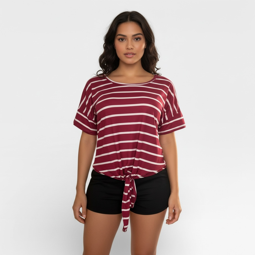 Striped Tie Short Sleeve Women Top